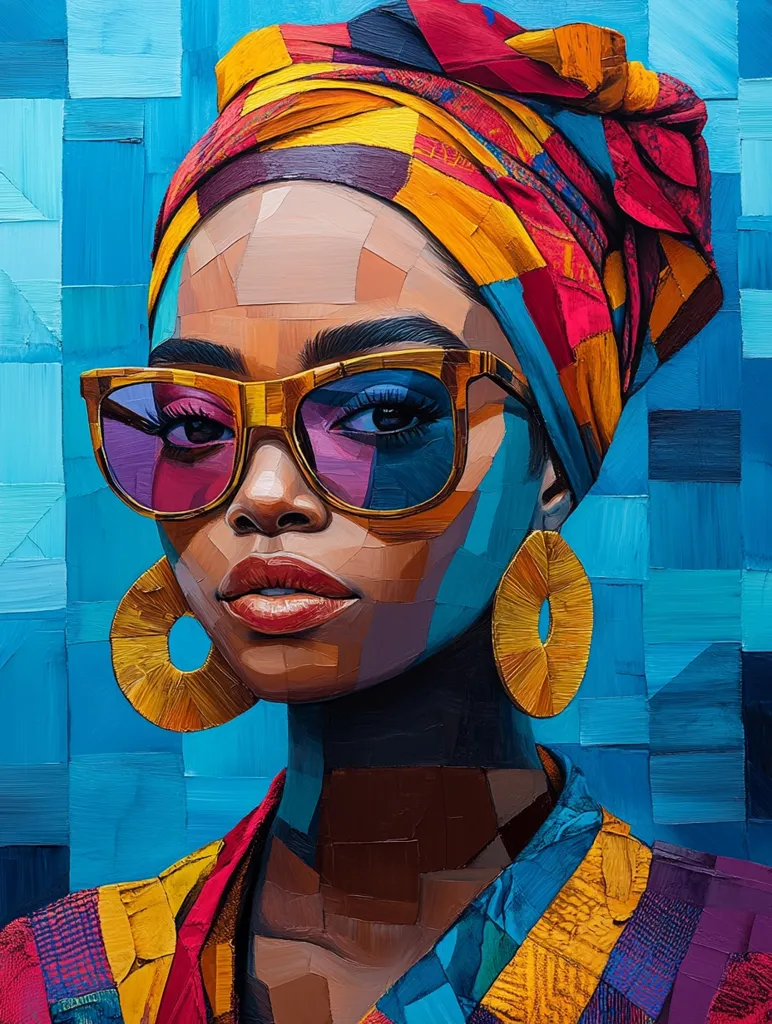 A vibrant portrait of a Black woman, rendered in a bold, cubist style.  She wears a colorful head wrap, oversized sunglasses, and large gold hoop earrings.  The background is a textured blue, complementing the rich hues of her clothing and accessories.  The artwork uses distinct blocks of color and visible brushstrokes, creating a striking visual impact.  The woman’s expression is confident and composed.