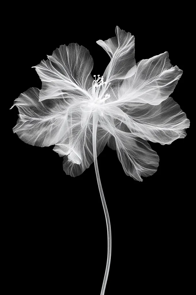 A single flower, seemingly a poppy or similar type, is presented in a striking x-ray style image.  The delicate petals and stem are rendered in stark white against a pure black background. The image reveals the intricate vein structure within the flower's petals, creating a ghostly, ethereal effect.  The composition is minimalist and focuses on the flower's delicate beauty and internal structure.