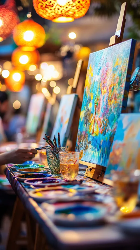 A vibrant painting session is captured, showcasing an artist's hand delicately applying paint to a canvas.  The canvas, propped on an easel, displays a colorful abstract artwork.  Surrounding the central piece are numerous other canvases and paint palettes, along with glasses suggesting a social atmosphere.  Warm, hanging lanterns illuminate the scene, adding a cozy ambiance to the artistic setting.