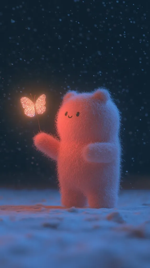 A fluffy, pink teddy bear stands in a snowy landscape under a dark, starry sky.  It gently holds a glowing, orange butterfly on a stick.  The scene is soft, whimsical, and evokes a sense of peaceful wonder.  The warm light of the butterfly contrasts with the cool blue tones of the night and snow.