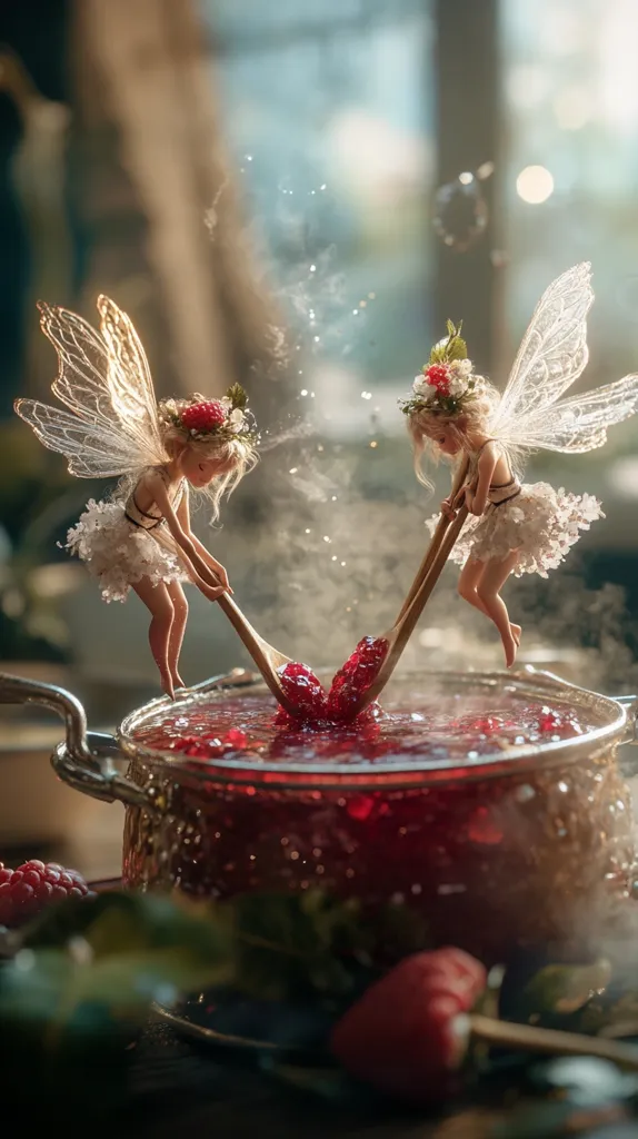 Two miniature fairies with delicate, translucent wings stir a pot of simmering raspberry jam.  They use small wooden spoons, adding to the magical, whimsical scene. The image is softly lit, enhancing the ethereal quality of the fairies and the rich, red color of the jam.  A few raspberries lie near the pot, completing the enchanting, fairytale-like setting.