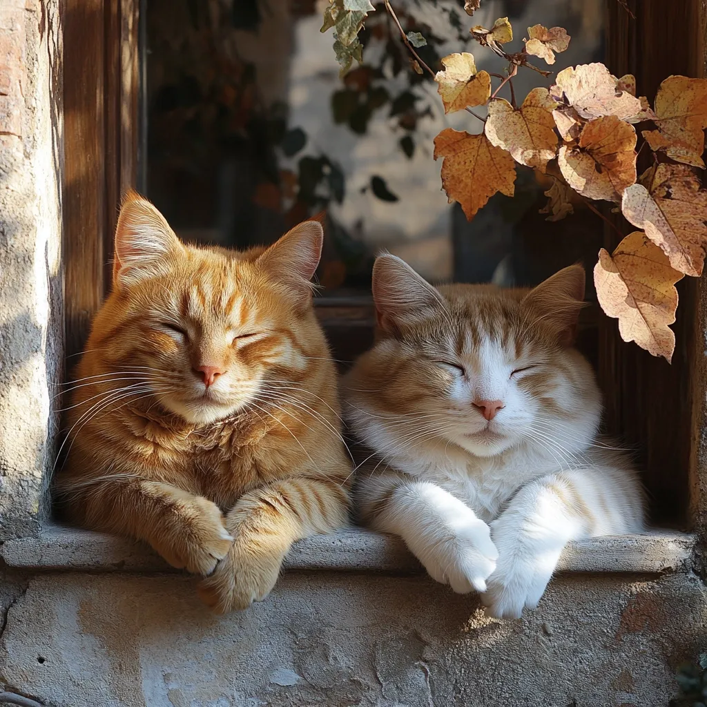 Two orange tabby cats sit side-by-side in a window, peacefully resting with their eyes closed.  The ginger cat on the left is a rich, solid orange, while the cat on the right has white fur on its chest and paws.  Autumn leaves frame the cats, adding to the serene autumnal atmosphere.  The cats appear content and relaxed in the warm sunlight.