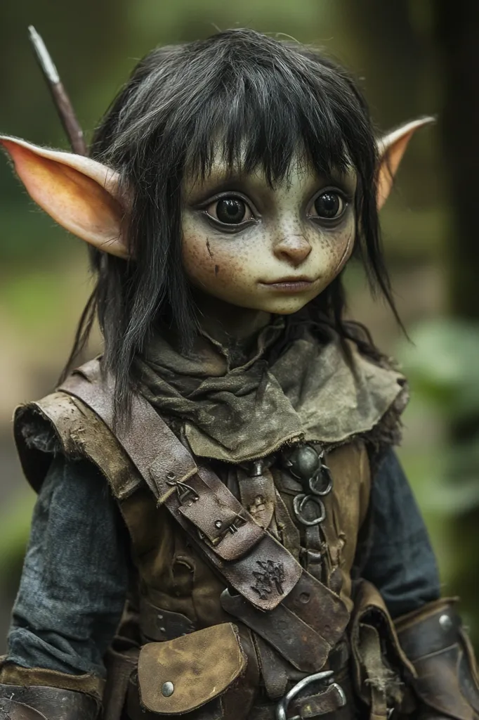 A close-up shot reveals a meticulously crafted puppet, possibly from a fantasy film or series.  It depicts a young, elf-like creature with pointed ears, dark hair, and expressive eyes. The puppet wears a weathered, earthy-toned outfit, complete with a leather satchel and straps.  Its face is delicately detailed, showcasing a blend of realism and whimsical design. The background is blurred, focusing attention on the intricate details of the puppet.