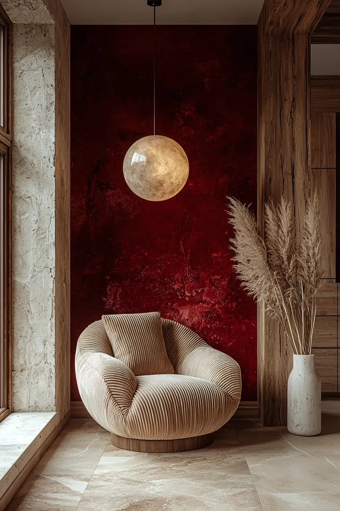 A beige corduroy armchair sits in a room with a deep red textured wall.  A large, round, off-white pendant light hangs above. Pampas grass in a white vase adds a touch of natural texture. The floor is light beige tile, and a wooden wall and window frame complete the scene, creating a cozy and stylish interior.