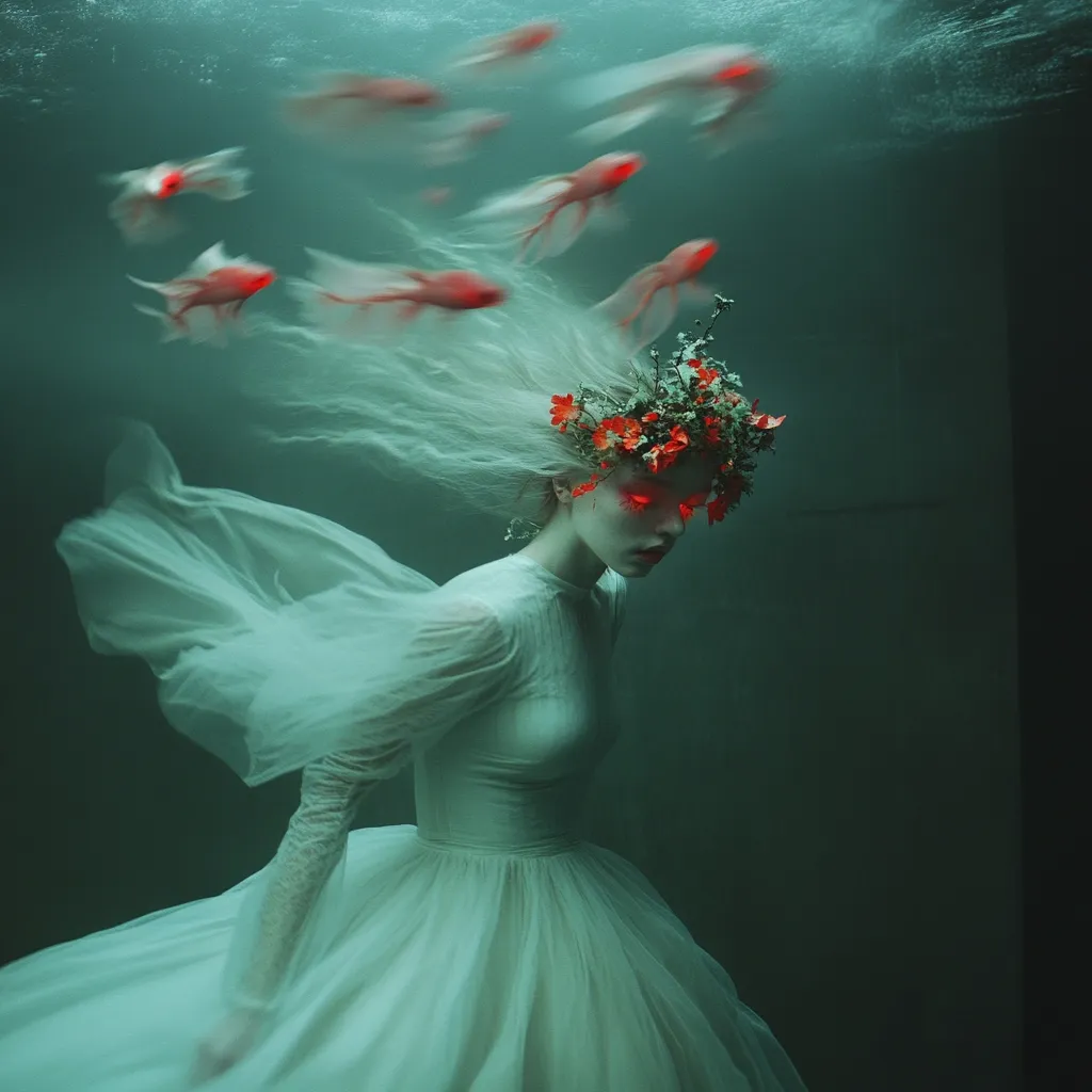A woman in a flowing white gown, adorned with a floral crown, is submerged underwater.  Her long hair streams behind her as numerous orange fish swim around her.  The scene is dreamlike and ethereal, set against a muted teal backdrop, creating a mysterious and captivating underwater portrait.  The overall mood is serene yet slightly haunting.