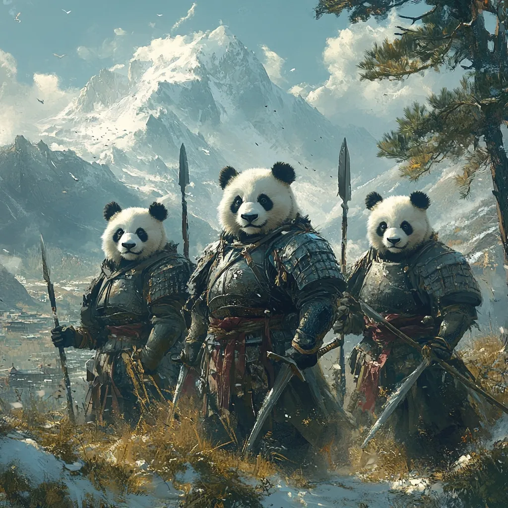 Three anthropomorphic panda warriors stand guard, clad in weathered armor and wielding spears.  A majestic snow-capped mountain forms a dramatic backdrop to this fantastical scene, hinting at a remote, perhaps mythical, location. The pandas' serious expressions and poised stances convey a sense of strength and readiness. The overall style is a blend of fantasy and realism, with meticulous detail in the textures of armor and fur.