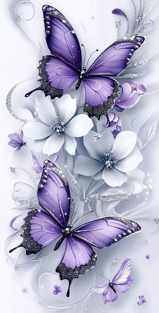 A breathtaking illustration features two large, shimmering purple butterflies delicately positioned amongst elegant, grey-white flowers.  The butterflies, adorned with a subtle sparkle, are the focal point, their wings spread in graceful repose.  Smaller butterflies flutter nearby, adding depth and a sense of ethereal beauty to the composition, creating a serene and captivating image. The overall design suggests a theme of tranquility and natural elegance.