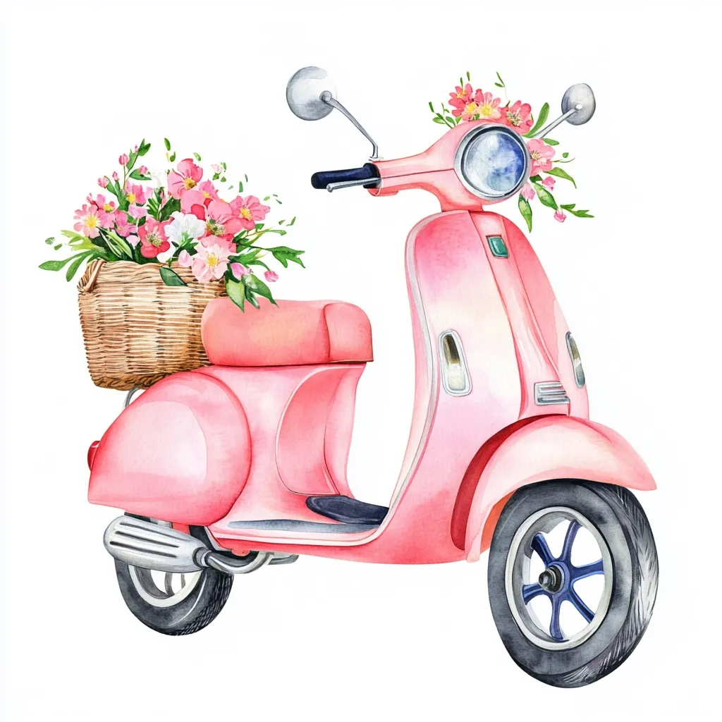 A watercolor painting of a pastel pink vintage scooter adorned with bouquets of pink and white flowers.  A wicker basket carrying more flowers is attached to the back. The scooter is depicted against a white background, creating a charming and idyllic scene.  The image evokes feelings of springtime and romance.