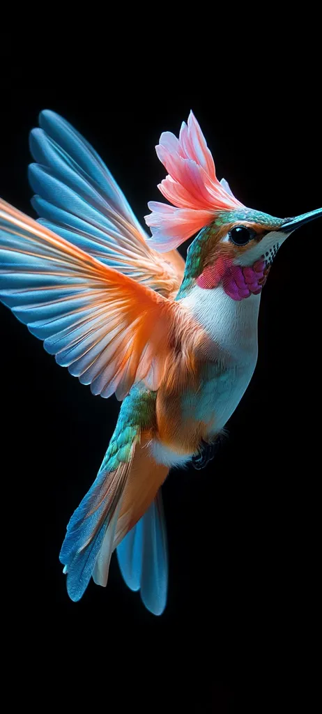 A vibrant hummingbird, seemingly a digital artwork, is captured in mid-flight against a stark black background.  Its plumage is a dazzling array of blues, oranges, and greens, with a striking coral crest. The wings are outstretched, showcasing intricate detail and a sense of motion. The hummingbird’s body is sleek, and its beak is slender and pointed. The overall effect is one of surreal beauty and elegance.