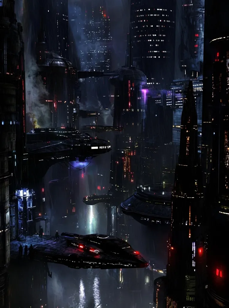A futuristic cityscape at night, dominated by tall, dark buildings and numerous spacecraft.  The scene is shrouded in shadows and a misty atmosphere.  Several flying vehicles are docked at various levels of the towering structures, creating a dense, layered urban environment.  The overall mood is dark, mysterious, and technologically advanced.  A sense of depth and scale is conveyed by the layered architecture and the perspective of the viewer.