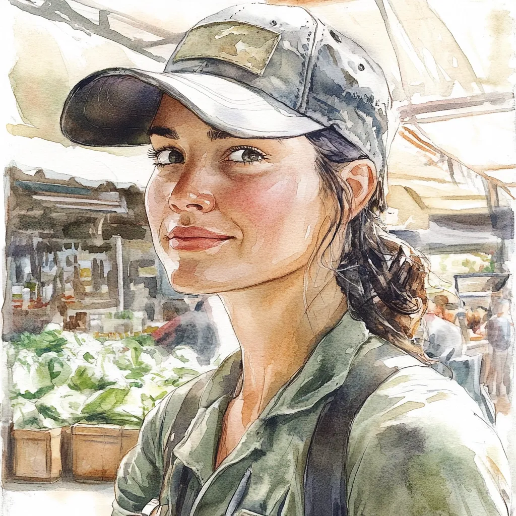 A watercolor portrait of a young woman wearing a baseball cap and olive green jacket. She has a soft, gentle expression and her gaze is directed slightly away from the viewer.  The background suggests an outdoor market setting, with blurry depictions of produce and market stalls.  The artist uses a loose, expressive style, with visible brushstrokes contributing to the overall warmth and realism of the piece.