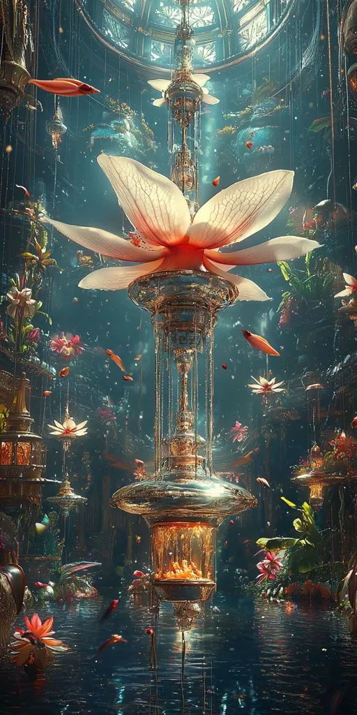 A breathtaking, surreal scene unfolds within a domed structure.  An elaborate, golden chandelier, shaped like a giant lotus flower, hangs centrally, dripping with water.  Small, orange fish swim amidst lush, vibrant flora surrounding a tranquil pool.  The overall ambiance is magical and ethereal, blending organic and mechanical elements in a harmonious composition.  Soft light filters through the dome, casting an enchanting glow on the scene.