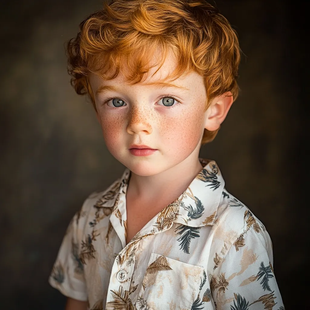 A close-up portrait of a young boy with vibrant red curly hair and fair skin speckled with freckles.  His bright green eyes gaze directly at the camera. He's wearing a light-colored, patterned shirt with a relaxed, casual fit. The background is a blurred dark brown, focusing attention on the boy's expressive face. The image has a soft, warm lighting.