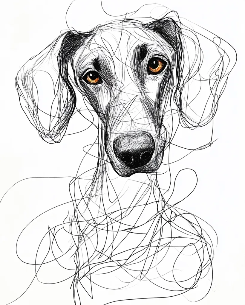 A stylized line drawing of a dog's head and shoulders.  The dog, possibly a Saluki or similar breed, is depicted with expressive eyes.  Intricate, interwoven lines create a sense of movement and texture around the animal's form, contrasting with the more detailed rendering of its face. The overall style is abstract and expressive, emphasizing the dog's essence rather than precise anatomical detail.