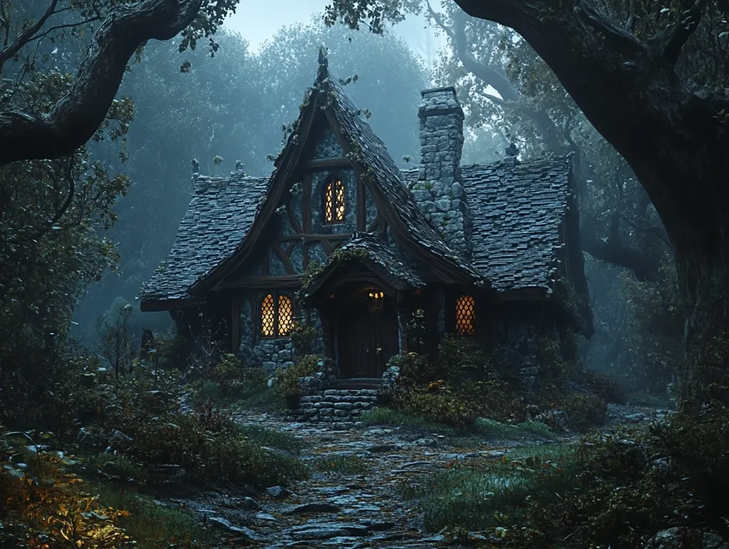 A charming stone cottage, nestled deep within a misty forest, glows warmly with lit windows.  Its steeply pitched roof and half-timbered design evoke a fairytale atmosphere.  Overgrown vegetation surrounds the path leading to its inviting entrance, creating a secluded and enchanting scene.  The ambiance is dark, mysterious, and peaceful.