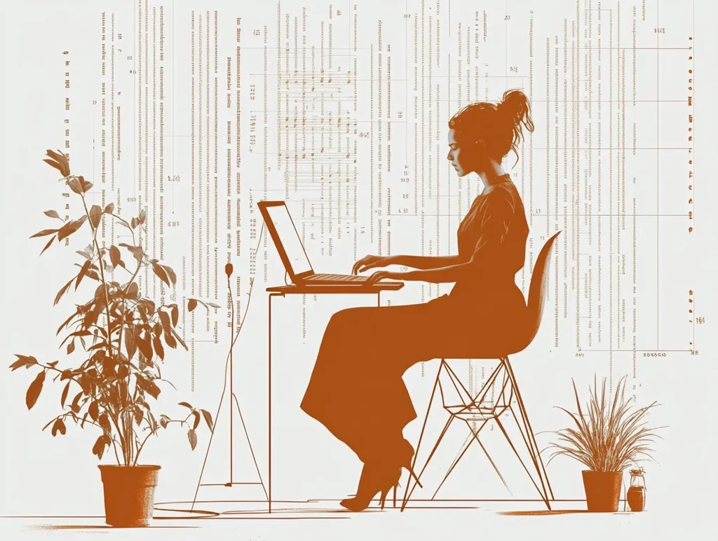 A sepia-toned illustration depicts a woman seated at a minimalist desk, working on a laptop.  She is elegantly dressed in a long dress and high heels.  The background features a dense, overlapping texture of text and musical notation, creating a sense of information overload.  Two potted plants flank the desk, adding a touch of nature to the otherwise sterile setting. The overall style is graphic and slightly abstract.