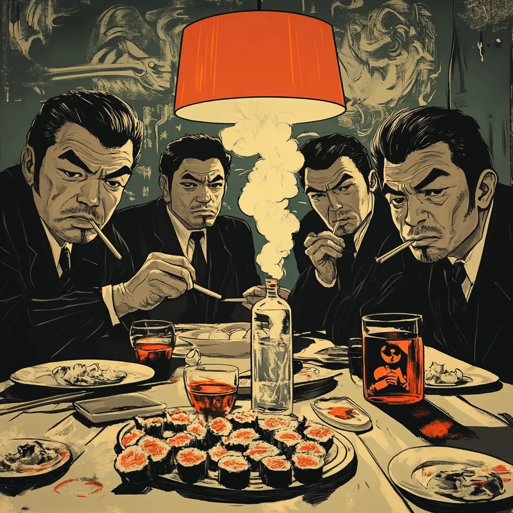 A stylized illustration depicts four sharply dressed men seated around a circular table, engaged in a meal.  Each man smokes a cigarette, exhaling smoke that swirls around a bottle on the table.  The setting appears dimly lit, with a large red lampshade overhead. The men's faces are serious, and the overall mood is one of quiet intensity.  Sushi and other dishes are present on the table.  The style is reminiscent of graphic novels or vintage posters.