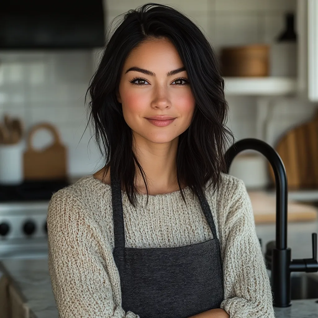 A young woman with shoulder-length black hair and subtle makeup smiles directly at the camera.  She's wearing a light beige knit sweater over a dark gray apron, her arms crossed in front of her. The background is a blurred kitchen setting, suggesting a domestic or culinary context.  Her expression is friendly and approachable.