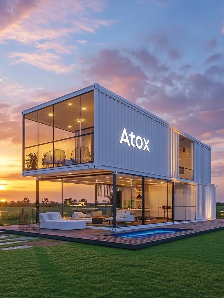 A modern, two-story house constructed from shipping containers sits on a manicured lawn.  The "AtoX" branded building features large glass windows offering expansive views of a tranquil sunset landscape.  Inside, a contemporary interior design is visible, including comfortable seating and a small, illuminated pool on a wooden deck. The structure showcases a blend of industrial and elegant design elements.