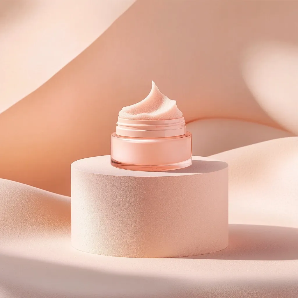 A pale pink jar of skincare product sits on a matching cylindrical pedestal.  A swirl of the creamy, possibly exfoliating, product is visible on top.  The soft lighting and neutral background highlight the product's delicate color and texture, creating a minimalist and elegant aesthetic. The overall image evokes feelings of luxury and self-care.