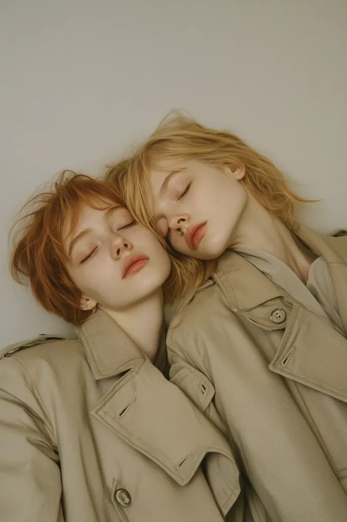Two young women with fair skin and contrasting hair colors, one redhead and one blonde, are lying close together, heads resting on each other's shoulders. They are both wearing beige trench coats, their eyes closed in peaceful repose. The muted color palette and intimate pose create a serene and aesthetically pleasing image.