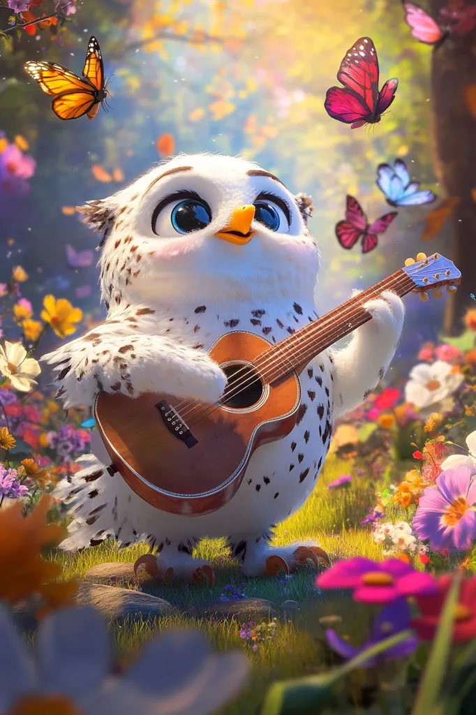 A cute, fluffy, white owl with black spots plays a small acoustic guitar in a vibrant, colorful flower garden.  Butterflies flutter around the owl, adding to the whimsical and enchanting scene. The owl's large, expressive eyes and cheerful demeanor create a heartwarming and idyllic image.