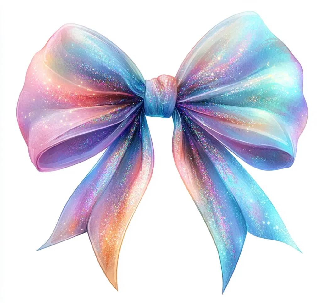 A large, iridescent bow is depicted against a white background.  The bow is tied with sheer, shimmering ribbons displaying a spectrum of pastel colors, including pinks, blues, and purples.  It is adorned with glitter, giving it a magical, ethereal quality, and is rendered in a style suggestive of digital painting or illustration. The bow's loops are gracefully draped and detailed, creating a sense of lightness and elegance.