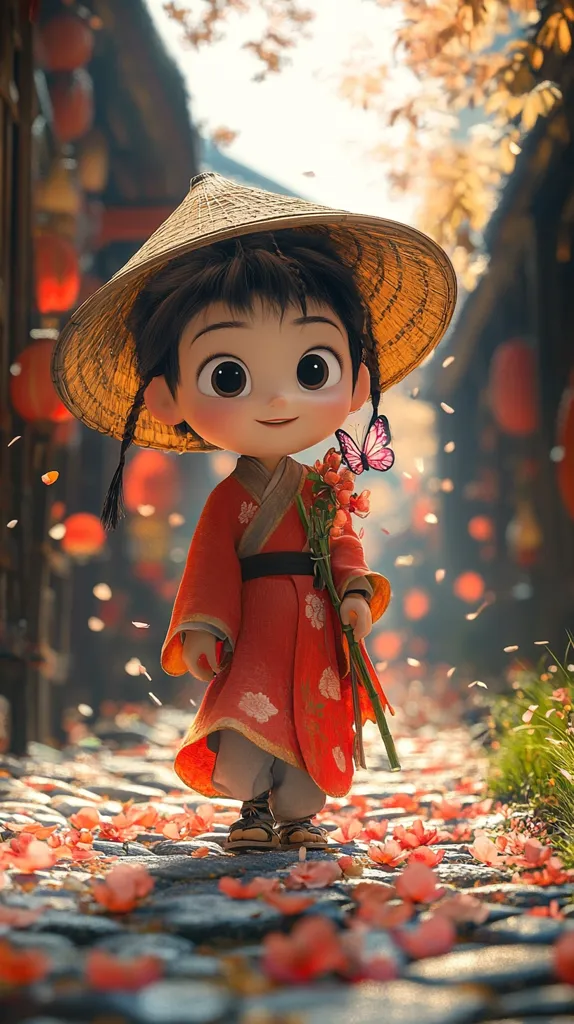 A charming, large-eyed anime-style girl in a traditional red Chinese dress and conical hat strolls down a cobblestone path strewn with fallen orange petals.  A butterfly rests on the flowers she carries. The background features a softly blurred autumnal scene of an Asian village, creating a serene and magical atmosphere.