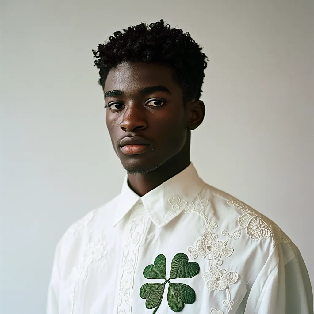 A young Black man with short, curly hair looks directly at the camera. He's wearing a white, embroidered collared shirt adorned with a green four-leaf clover.  The background is a plain, light grey, making the subject stand out sharply. His expression is serious and neutral.  The image is a stylish portrait.