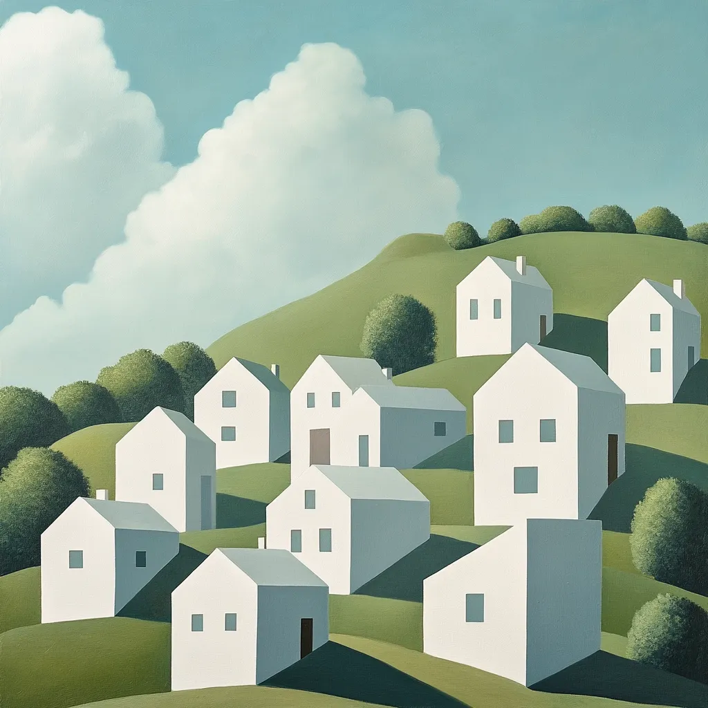 A serene landscape painting depicts a hillside dotted with small, white, cube-shaped houses.  The houses are uniformly styled and nestled amongst rolling green hills and lush, dark green bushes.  A bright, partly cloudy sky provides a peaceful backdrop.  The overall style is minimalist and geometric, creating a calming and somewhat utopian atmosphere.