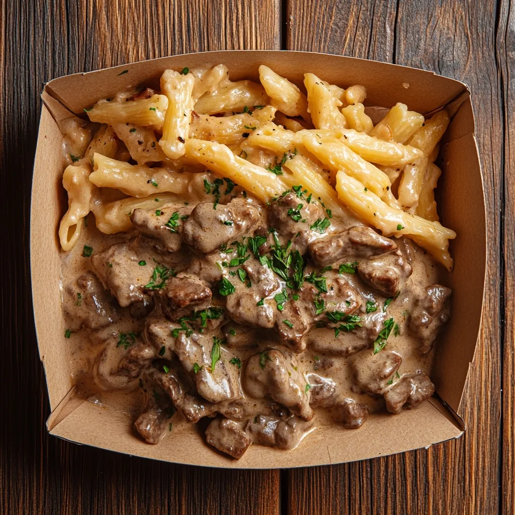 A brown cardboard takeout container holds a hearty meal.  Creamy beef stew, studded with parsley, sits atop a bed of penne pasta in a cheesy sauce. The dish is presented from a high-angle, showcasing the texture and richness of the food against a dark wooden background.  The overall impression is one of comfort food, perfect for a quick and satisfying meal.