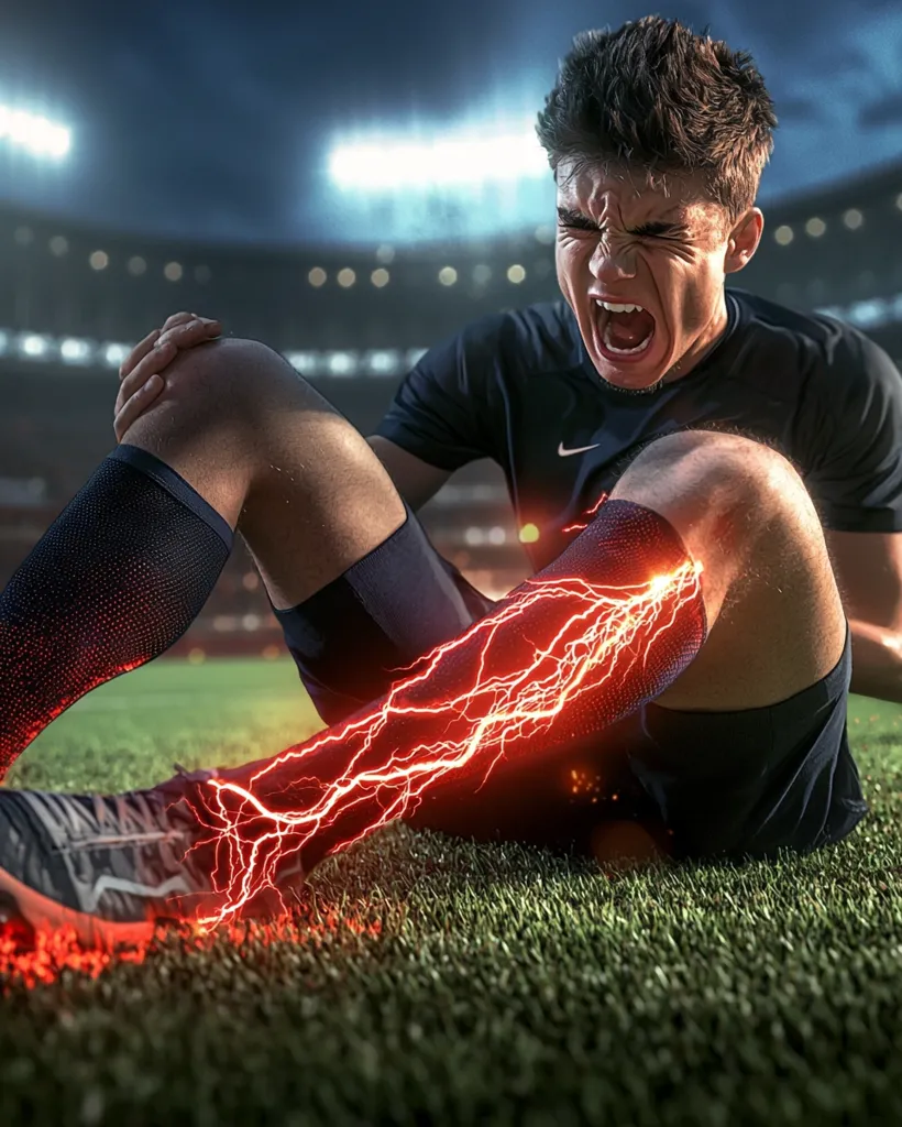 A young soccer player sits on a grassy field, clutching his injured leg in agony.  His face is contorted in pain, and a stylized depiction of red lightning bolts emanates from his lower leg, visually representing intense pain. The stadium lights blur in the background, suggesting a game was interrupted by the injury. The overall image conveys the dramatic impact of a sports-related injury.