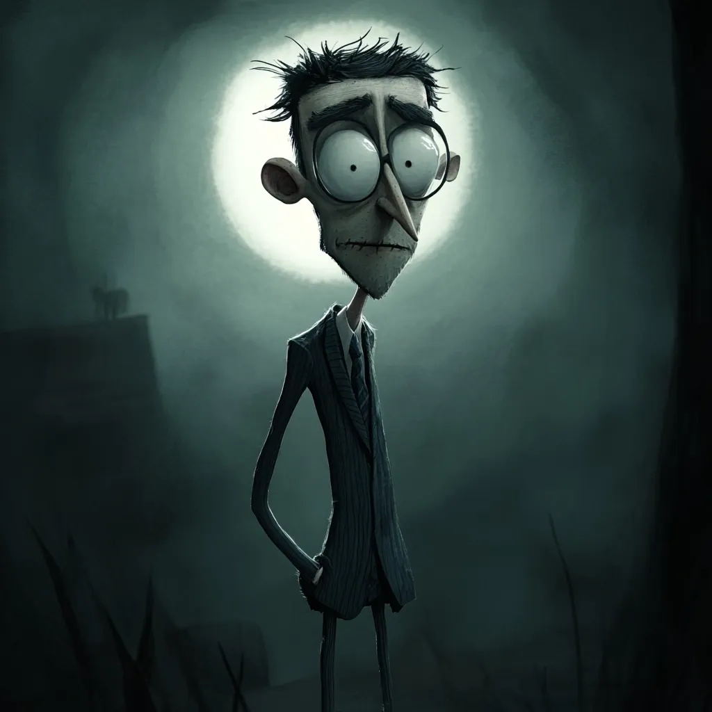 A stylized illustration depicts a gaunt, pale man in a pinstripe suit standing under a full moon.  His large eyes and elongated features give him an unsettling, almost cadaverous appearance.  The dark, moody background enhances the somber and slightly eerie atmosphere.  A small, indistinct figure is visible in the distance, adding to the mysterious feel of the piece.