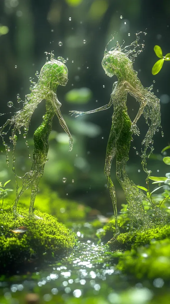 Two ethereal figures, sculpted from flowing water and green hues, stand on mossy rocks beside a tranquil stream.  Their forms are delicate and translucent, suggesting sprites or nymphs of the forest. Water droplets surround them, adding to the magical atmosphere of this lush, green environment. The scene evokes a sense of serenity and otherworldly beauty.