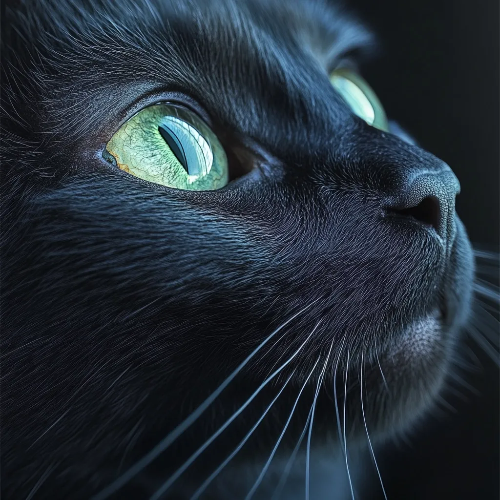 A close-up captures the profile of a black cat, its luminous green eyes captivating.  The image emphasizes the cat's velvety fur, delicate whiskers, and the subtle details of its face.  The dark background enhances the contrast, making the cat's features stand out. The overall mood is one of quiet intensity and mystery.