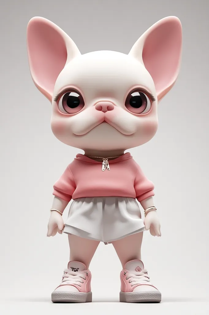 A charming 3D rendering of a French bulldog, styled in adorable pink and white attire.  The bulldog figurine wears a pink sweatshirt, a white skirt, and pink sneakers, accessorized with delicate gold jewelry. Its large, expressive eyes and soft features contribute to its endearing appearance, creating a cute and fashionable character. The image showcases excellent detail and a light, airy background.