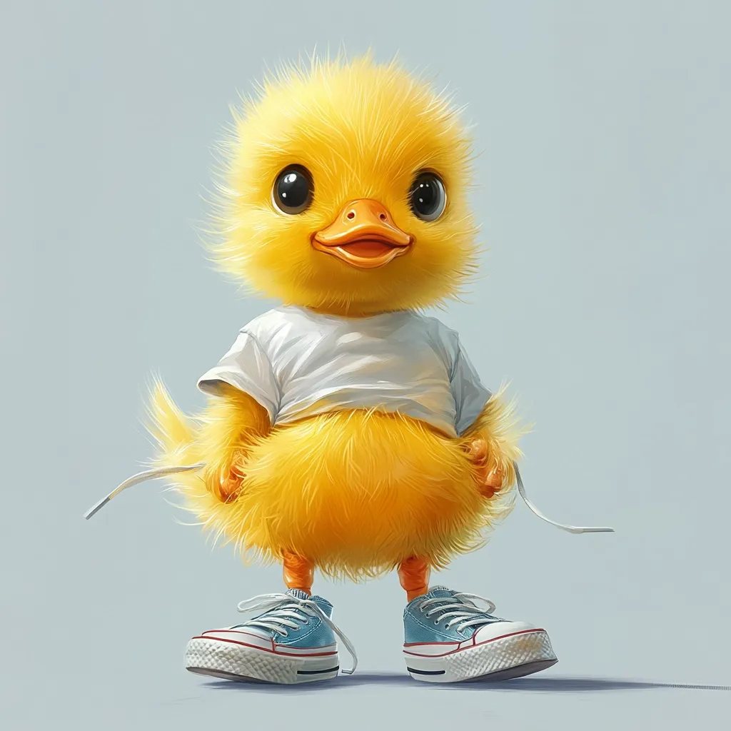 A cute, fluffy yellow duckling is depicted wearing a white shirt and light blue canvas shoes.  Its large, expressive eyes and small beak give it a charming appearance. The duckling's soft, downy feathers are meticulously detailed, and the overall style is whimsical and endearing.  The light blue background complements the bright yellow of the duckling.