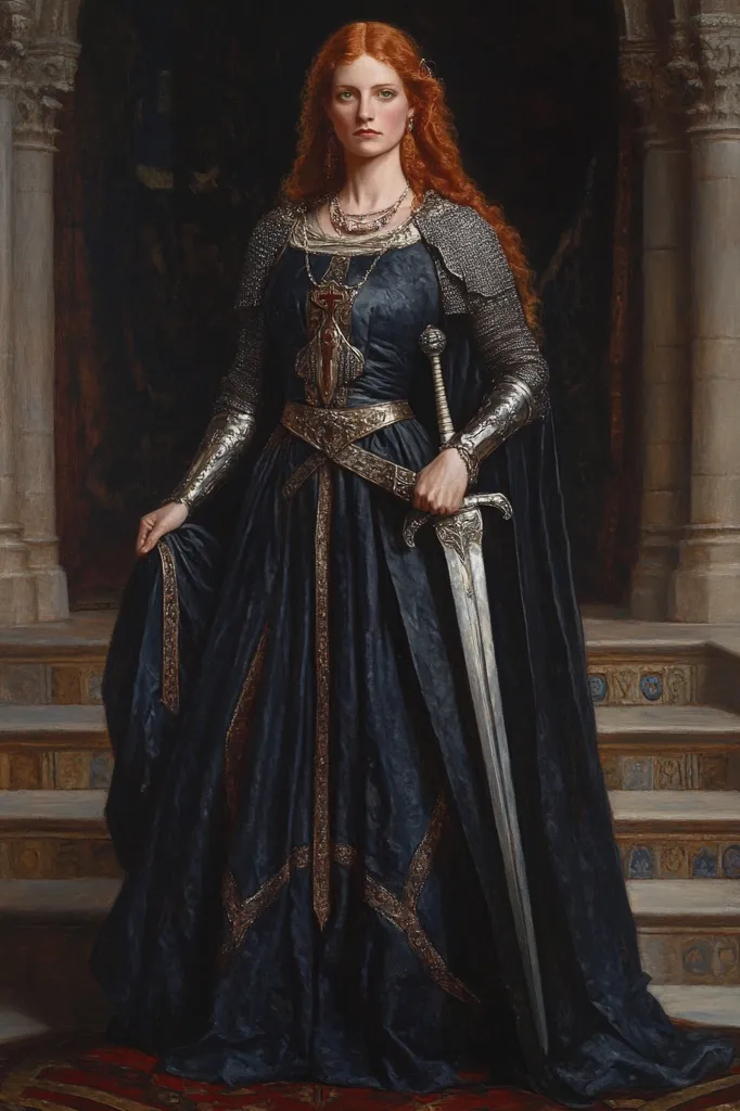 A regal redhead woman, clad in a dark blue gown and silver chainmail, stands majestically.  Her attire features intricate gold detailing and a long, flowing cloak.  She holds a long sword, its silver blade gleaming.  The setting is a grand stone staircase within an archway, suggesting a castle or palace. The overall mood is one of power and elegance.