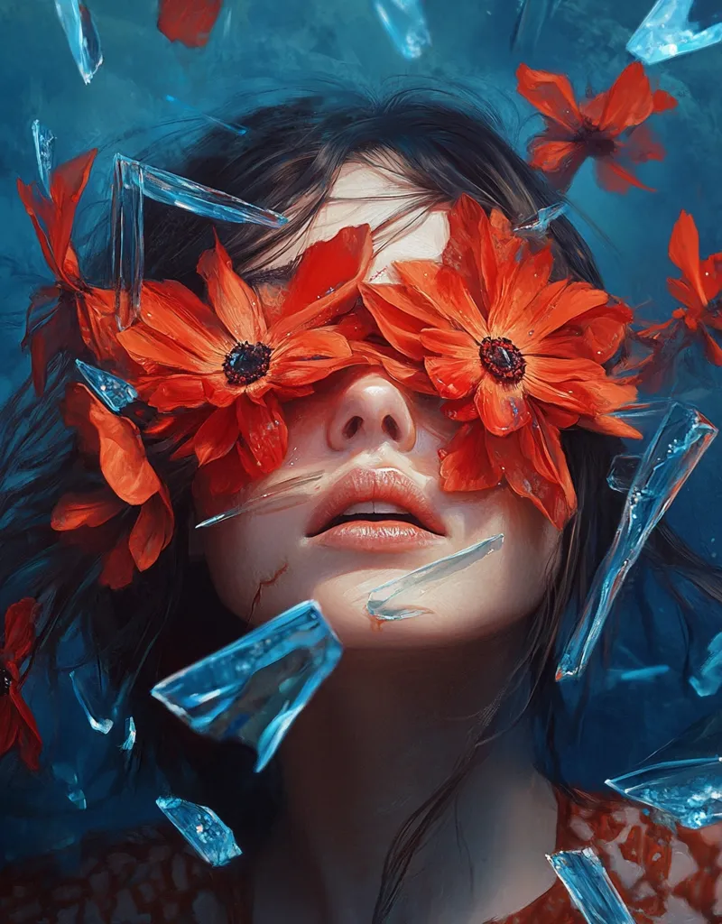 A digital painting depicts a woman submerged in a teal-blue liquid, surrounded by shards of glass.  Vibrant orange flowers cover her eyes, obscuring her vision.  Her expression is serene yet sorrowful, her skin marked with faint scratches.  The overall mood is one of vulnerability and ethereal beauty amidst destruction. The contrast between the soft flowers and the sharp glass creates a striking visual effect.