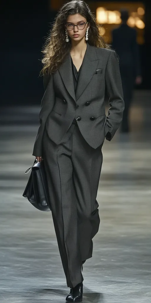 A model walks down a runway, showcasing a dark gray double-breasted suit with wide-leg trousers.  She wears glasses and long pearl drop earrings, adding elegance to the sharp tailored look.  The model carries a sleek black briefcase, completing the sophisticated and powerful ensemble.  The overall impression is one of modern, minimalist chic.