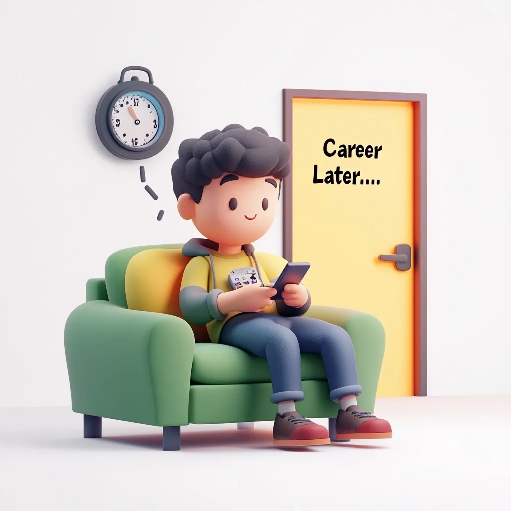 A 3D-rendered cartoon boy sits comfortably in a green armchair, engrossed in his phone.  A clock on the wall subtly suggests the passage of time, while a yellow door labeled "Career Later..." hints at procrastination.  The scene is lighthearted and playfully depicts a reluctance to pursue career ambitions.