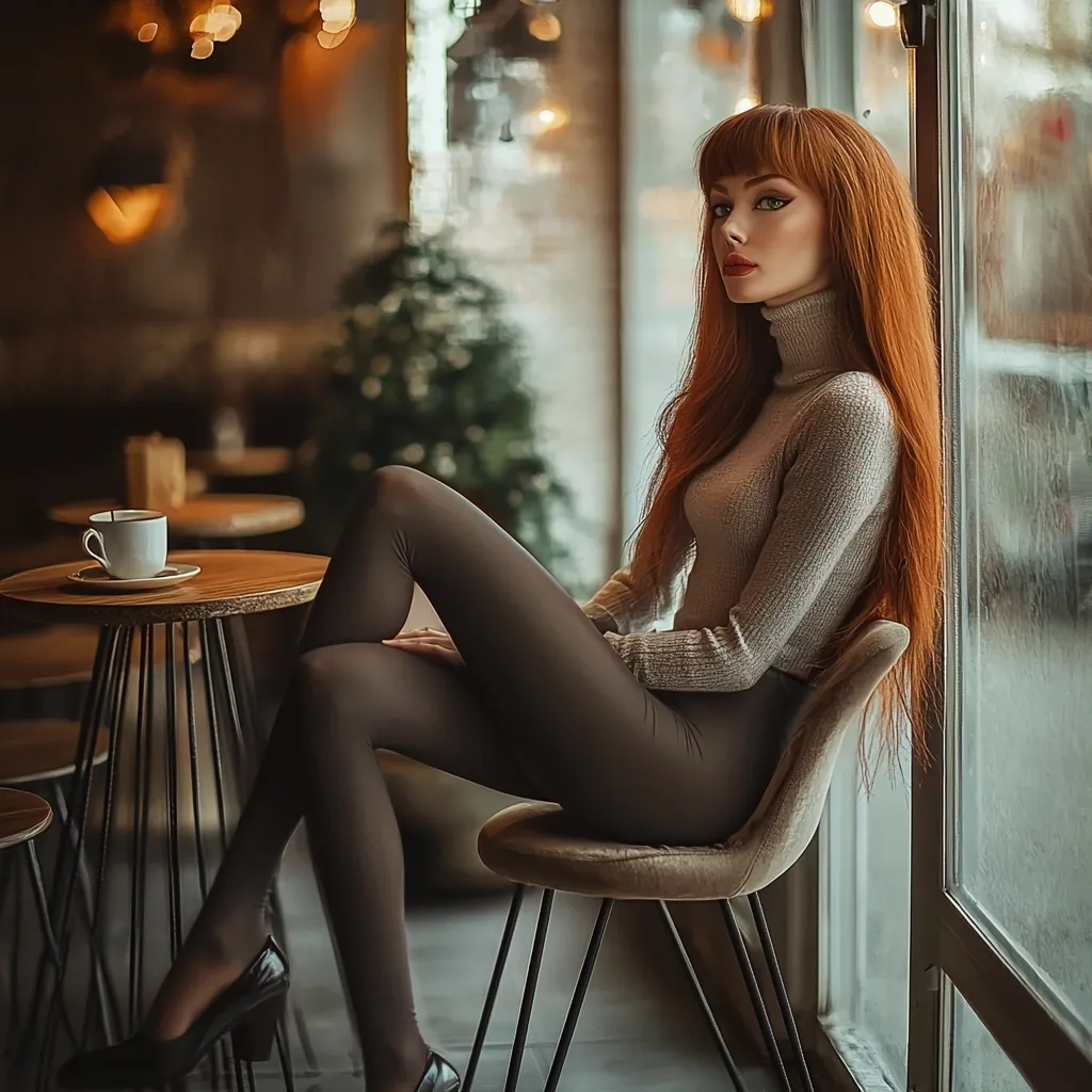 A young woman with long, vibrant red hair sits in a stylish cafe. She's dressed in a taupe turtleneck sweater and black tights, her legs elegantly crossed.  She's positioned near a window, a cup of coffee on a nearby table.  The overall ambiance is warm and inviting, with a soft, diffused light highlighting her features.  She gazes directly at the camera with a confident expression.