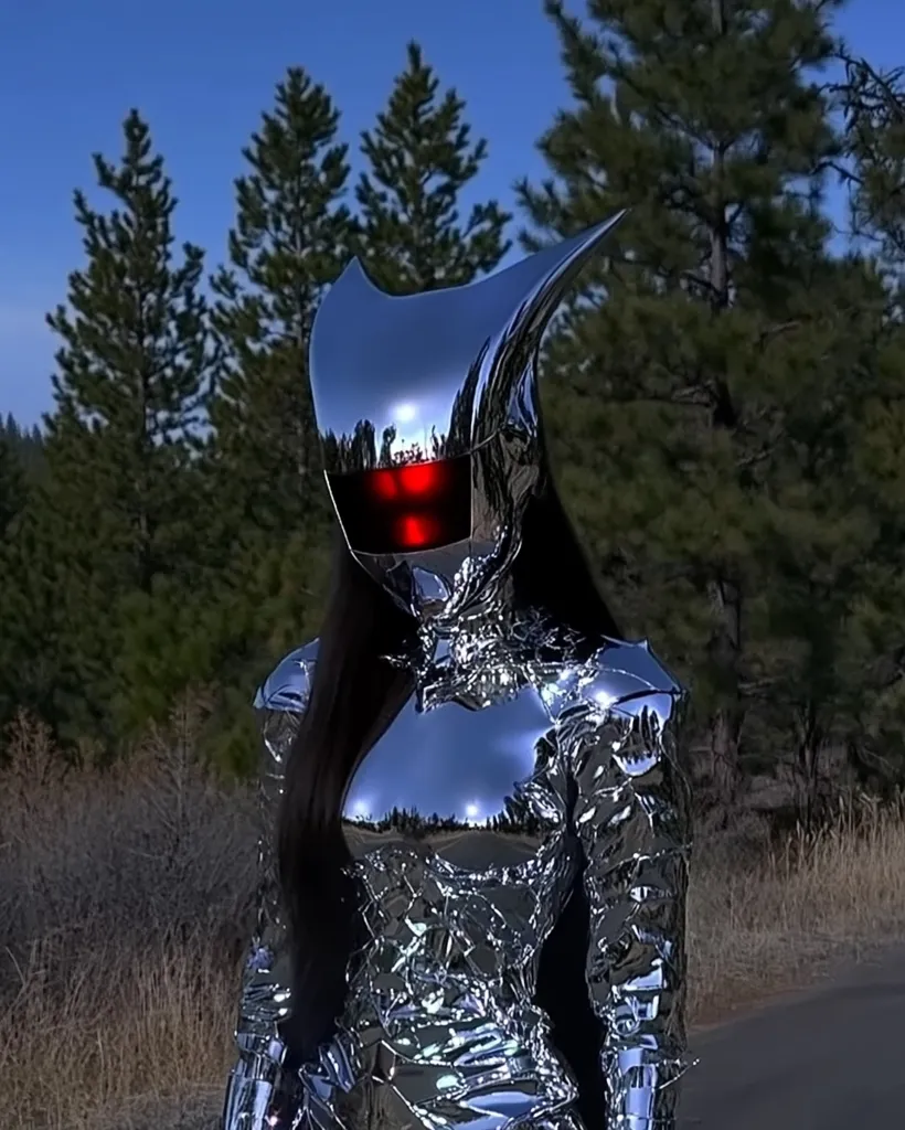A figure in a futuristic, chrome-plated suit stands amidst a pine forest. The suit features a helmet with red glowing eyes, long black hair flows down the back, and the reflective surface reflects the surrounding landscape.  The overall aesthetic is sleek, sci-fi, and somewhat ominous, creating a visually striking image against the natural backdrop.