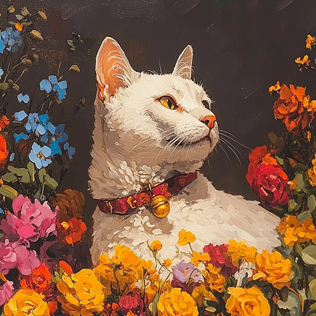 A vibrant oil painting depicts a white cat, adorned with a red collar and bell, nestled amidst a profusion of colorful flowers. The cat's gaze is directed upward and to the right, its expression serene and attentive. The flowers, rendered in rich hues of yellow, orange, pink, and blue, create a striking contrast against the cat's white fur and the dark background. The artist's impasto technique adds texture and depth to the piece, giving it a lively and engaging quality.