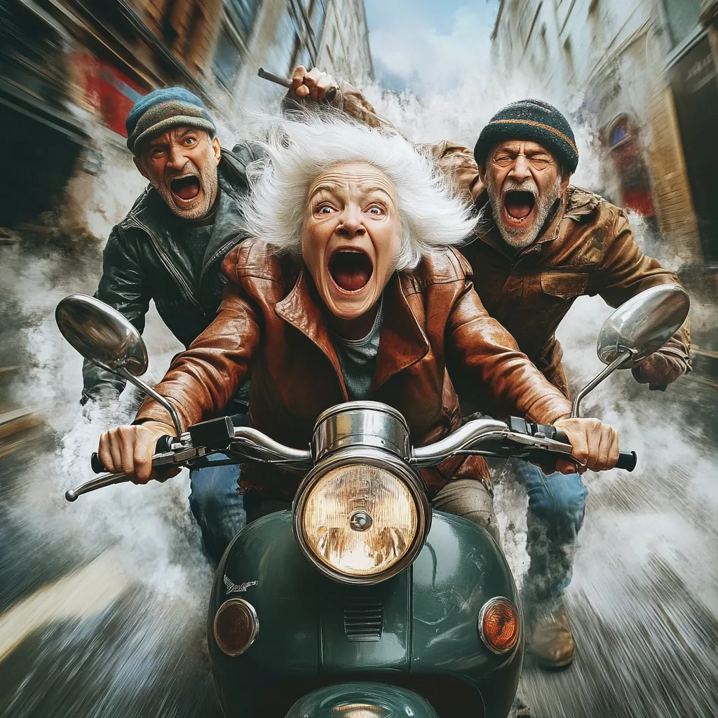 A thrilling image depicts an elderly woman with wild white hair at the helm of a vintage scooter, flanked by two older men.  The men, one wielding a club, appear to be assisting her escape, creating a sense of chaotic speed and excitement. Smoke trails behind them as they zoom down a city street. The overall impression is one of rebellious energy and unexpected adventure.