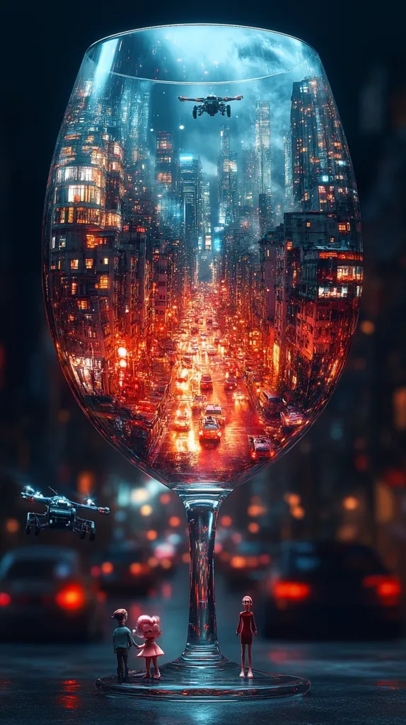 A large wine glass encapsulates a vibrant, futuristic cityscape at night.  The city's illuminated streets and towering buildings are visible within the glass.  Small figurines stand at the base, observing the scene.  Flying drones add to the futuristic atmosphere, creating a surreal and captivating miniature world.  The overall effect is a striking blend of fantasy and reality.