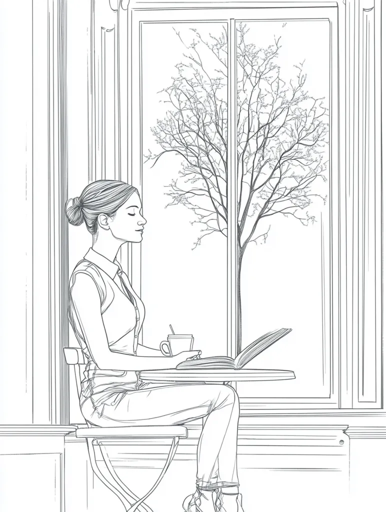 A line drawing depicts a woman sitting at a small table by a window. She holds a cup and an open book.  Her hair is pulled back, and she's dressed in jeans and a sleeveless top.  Outside the window, a bare tree stands against a light background. The scene is peaceful and contemplative, with a focus on the woman's quiet solitude.  The style is clean and minimalist, suggesting a calm atmosphere.