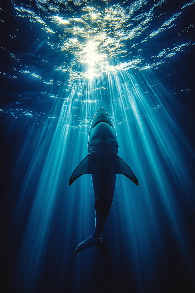 A great white shark silhouetted against a sunlit ocean.  Sunlight streams down from the surface, illuminating the shark in a dramatic, underwater scene. The shark is positioned vertically, facing upwards towards the light, creating a powerful and awe-inspiring image.  The deep blue hues of the ocean intensify the contrast and mystique.