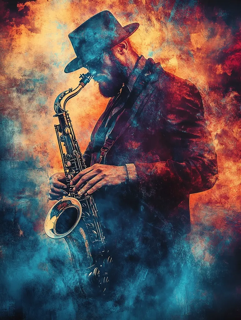 A stylized portrait of a bearded man in a fedora playing a saxophone.  The image is rendered in a vibrant, painterly style with bold strokes of blue, orange, and red, creating a smoky, atmospheric effect. The musician is depicted from the side, his focus intently on his instrument. The overall mood is evocative of jazz music and a passionate performance.