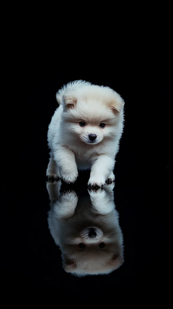 A fluffy white Pomeranian puppy stands on a dark, reflective surface.  Its paws are visible, and its fur appears soft and thick. The puppy is looking down, creating a captivating image. The dark background accentuates the puppy's light color and creates a striking contrast.  Its reflection is clearly visible below.